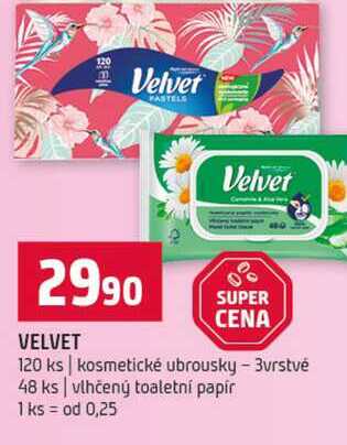 VELVET 120 ks kosmetické ubrousky - 3vrstvé 48 ks vlhčený toaletni papir Terno