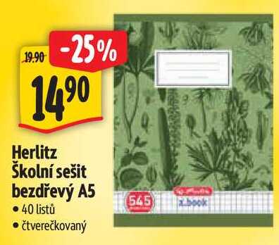 Herlitz Školní sešit bezdřevý A5, 40 listů čtverečkovaný