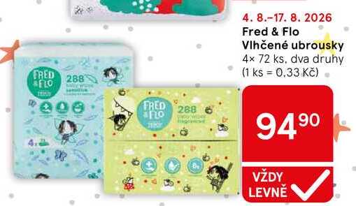 Fred & Flo Vlhčené ubrousky, 4× 72 ks, dva druhy