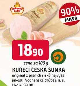 KUŘECÍ ČESKÁ ŠUNKA originál z prsních řízků nejvyšší jakosti, 100g