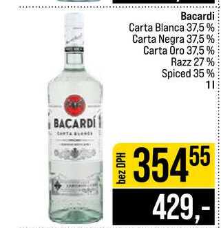 Bacardi Carta Blanca 37,5% Carta Negra 37,5 % Carta Oro 37,5% Razz 27% Spiced 35% 1l