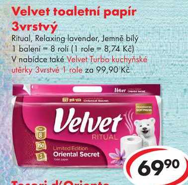 Velvet toaletní papír 3vrstvý, 8 rolí CBA