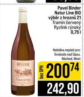 Pavel Binder Natur Line BIO výběr z hroznů 21 Tramín červený Ryzlink rýnský 0,75l