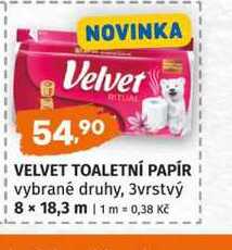 VELVET TOALETNÍ PAPÍR vybrané druhy, 3vrstvý 8x18,3 m Terno