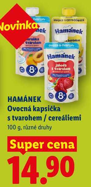 HAMÁNEK Ovocná kapsička s tvarohem/cereáliemi, 100 g