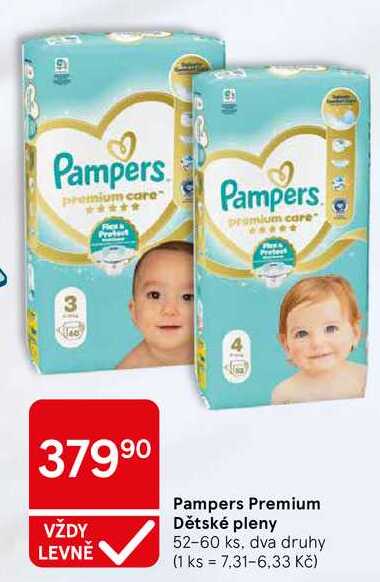 Pampers Premium Dětské pleny, 52-60 ks, dva druhy Tesco