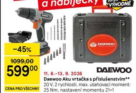 Daewoo Aku vrtačka s příslušenstvím, 20 V, 2 rychlosti, max. utahovací moment: 25 Nm, nastavení momentu 21+1