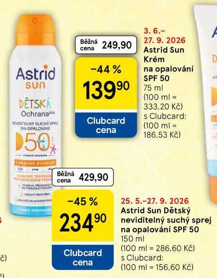 Astrid Sun Dětský neviditelný suchý sprej na opalování SPF 50, 150 ml Tesco