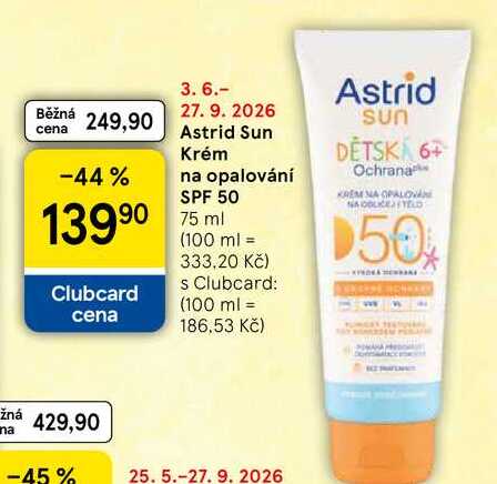 Astrid Sun Krém na opalování SPF 50, 75 ml Tesco