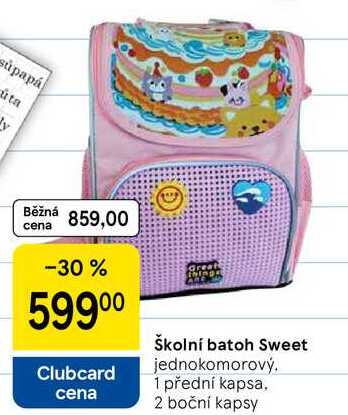Školní batoh Sweet jednokomorový. 1 přední kapsa, 2 boční kapsy