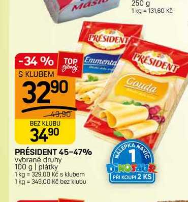 PRÉSIDENT 45-47% vybrané druhy 100 g | plátky 