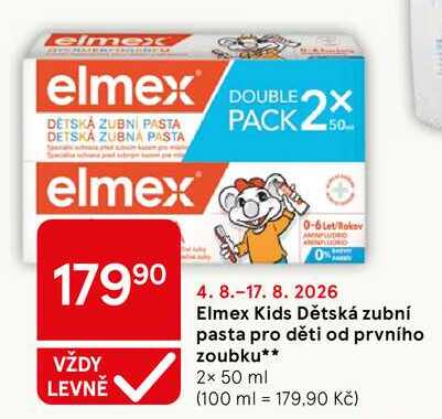 Elmex Kids Dětská zubní pasta pro děti od prvního zoubku, 2× 50 ml Tesco