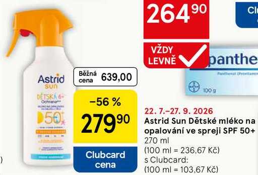 Astrid Sun Dětské mléko na opalování ve spreji SPF 50+, 270 ml Tesco