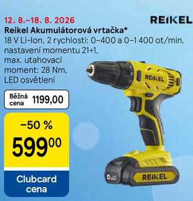 Reikel Akumulátorová vrtačka, 18 V Li-Ion, 2 rychlosti: 0-400 a 0-1 400 ot/min. nastavení momentu 21+1. max. utahovací moment: 28 Nm. LED osvětlení