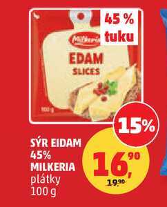 SÝR EIDAM 45% MILKERIA plátky, 100 g  