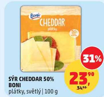 SÝR CHEDDAR 50% BONI plátky, světlý, 100 g