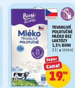 TRVANLIVÉ POLOTUČNÉ MLÉKO BEZ LAKTÓZY 1,5% BONI, 1 l 