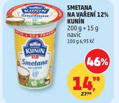 SMETANA NA VAŘENÍ 12% KUNÍN, 200 g +15 g navíc 