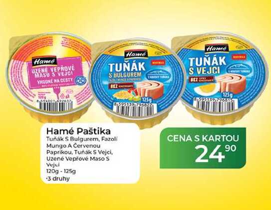 Hamé Paštika Tuňák S Bulgurem, Fazoli Mungo A Červenou Paprikou, Tuňák S Vejci, Uzené Vepřové Maso S Vejci 120g - 125g