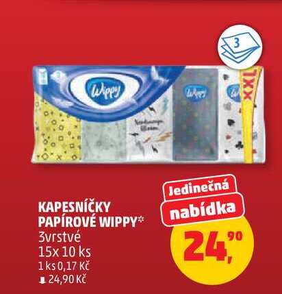 KAPESNÍČKY PAPÍROVÉ WIPPY nabídka 3vrstvé, 15x 10 ks Penny Market