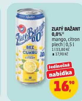 ZLATÝ BAŽANT 0,0% mango, citron plech, 0,5 l