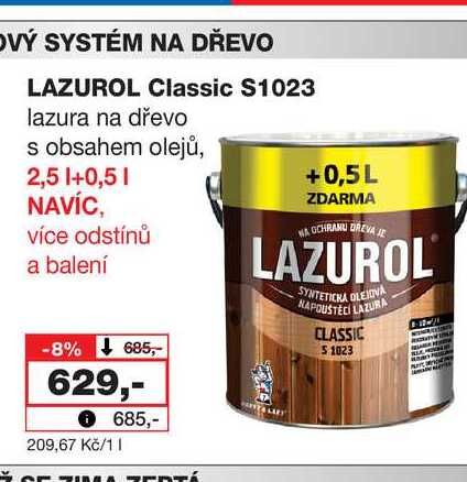 LAZUROL Classic S1023 lazura na dřevo s obsahem olejů, 2,5l Barvy a laky drogerie 