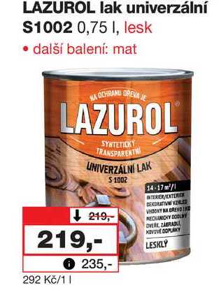 LAZUROL lak univerzální S1002 0,75 I, lesk Barvy a laky drogerie 
