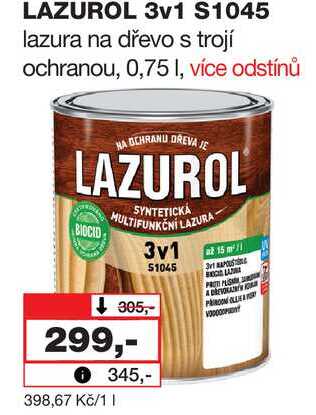 LAZUROL 3v1 S1045 lazura na dřevo s trojí ochranou, 0,75l