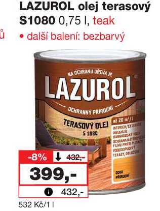 Lazurol olej terasový S1080 0,75 l, teak