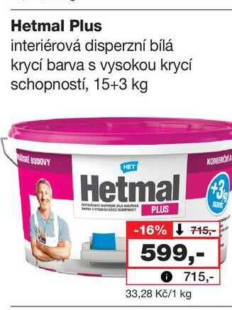 Hetmal Plus interiérová disperzní bílá krycí barva s vysokou krycí schopností, 15+3 kg Barvy a laky drogerie 