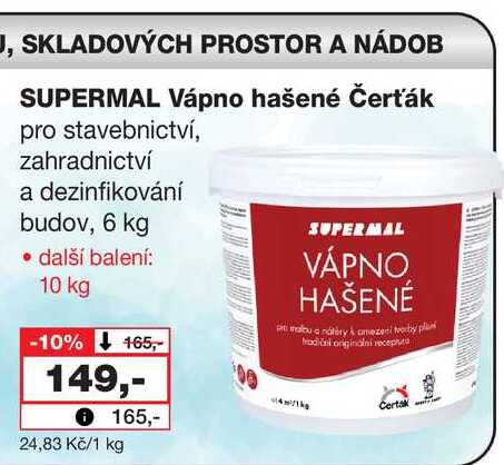 SUPERMAL Vápno hašené Čerťák pro stavebnictví, zahradnictví a dezinfikování budov, 6 kg • další balení