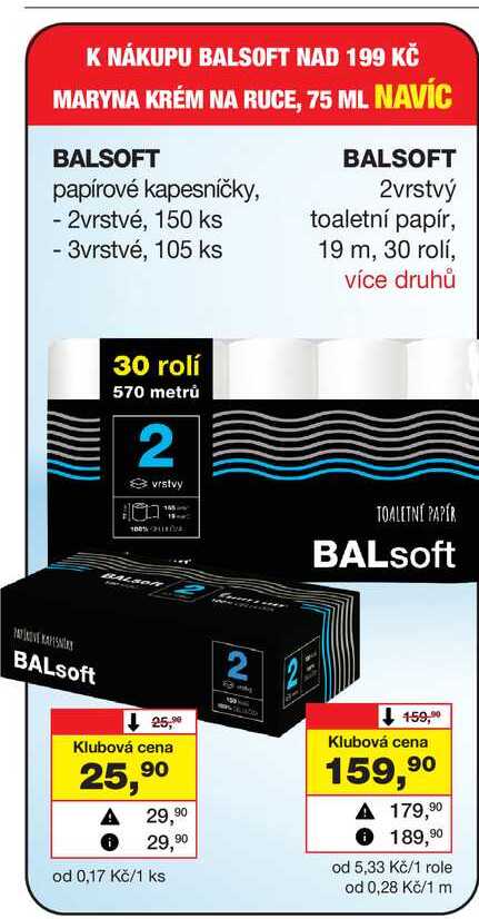 BALSOFT papírové kapesníčky, - 2vrstvé, 150 ks - 3vrstvé, 105 ks 