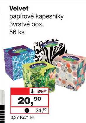 Velvet papírové kapesníky 3vrstvé box, 56 ks