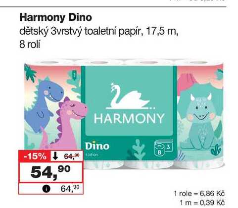 Harmony Dino dětský 3vrstvý toaletní papír, 17,5 m, 8 rolí Barvy a laky drogerie 