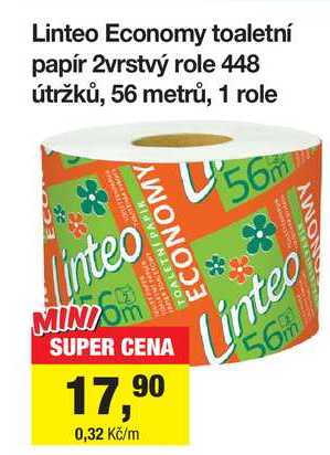 Linteo Economy toaletní papír 2vrstvý role 448 útržků, 56 metrů, 1 role Šlak