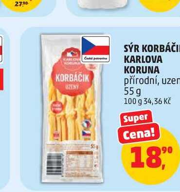 SÝR KORBÁČIK KARLOVA KORUNA přírodní, uzený 55 g 