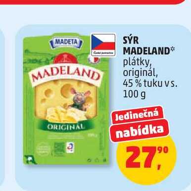 SÝR MADELAND* plátky, originál, 45% tuku vs. 100 g