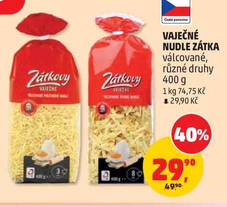 VAJEČNÉ NUDLE ZÁTKA válcované, různé druhy Zátkovy 400 g