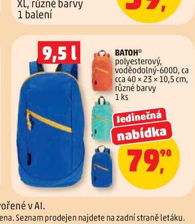 BATOH* polyesterový, voděodolný-600D, ca cca 40 x 23 x 10,5 cm, různé barvy 1 ks