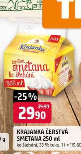 KRAJANKA ČERSTVÁ SMETANA 250 ml ke šlehání, 33 % tuku