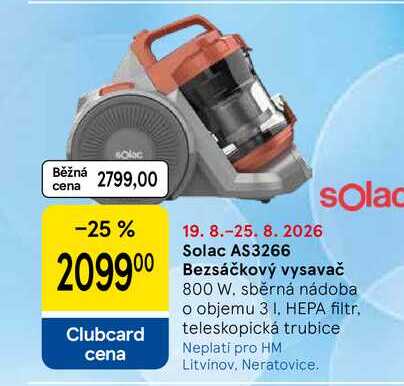 Solac AS3266 Bezsáčkový vysavač, 800 W. sběrná nádoba o objemu 3 l, HEPA filtr. teleskopická trubice