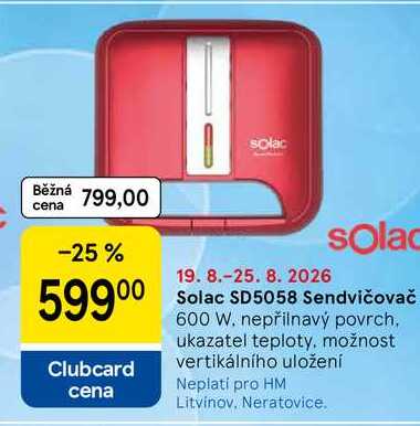Solac SD5058 Sendvičovač, 600 W. nepřilnavý povrch, ukazatel teploty, možnost vertikálního uložení  