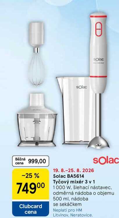 Solac BA5614 Tyčový mixér 3v1, 1000 W. šlehací nástavec. odměrná nádoba o objemu 500 ml. nádoba se sekáčkem  