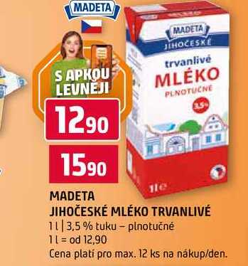 MADETA JIHOČESKÉ MLÉKO TRVANLIVÉ 1l 3,5% tuku plnotučné 