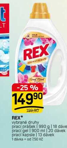 REX* vybrané druhy prací prášek | 990 g | 18 dáve prací gel | 900 ml | 20 dávek prací kapsle 13 FLOP TOP