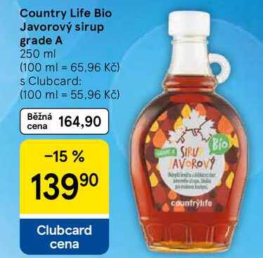 Country Life Bio Javorový sirup grade A, 250 ml