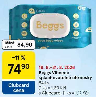 Beggs Vlhčené splachovatelné ubrousky, 64 ks