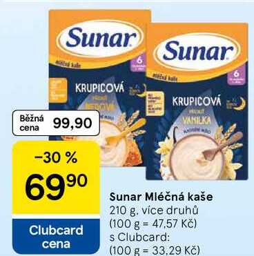 Sunar Mléčná kaše, 210 g, více druhů Tesco