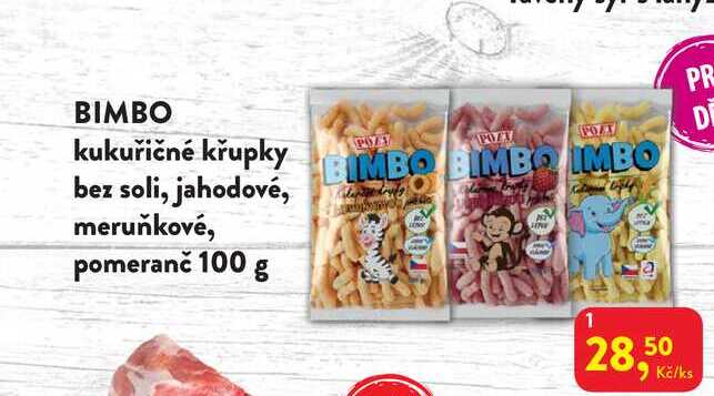 BIMBO kukuřičné křupky bez soli, jahodové, meruňkové, 100 g Krásno