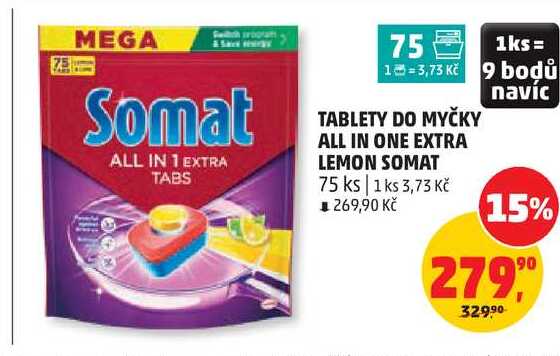 TABLETY DO MYČKY ALL IN ONE EXTRA LEMON SOMAT, 75 ks Penny Market
